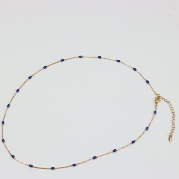 "Rose Gold Beaded Necklace with Blue Accents, Adjustable, XPNL0337 - Picture 2 of 11